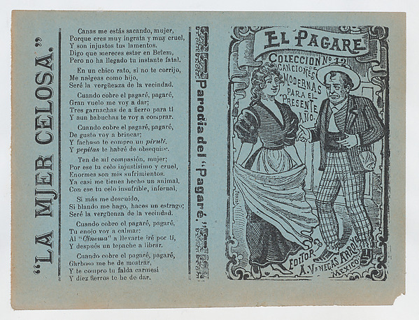 José Guadalupe Posada, Cover for 'El Pagare', a man holding a cigarette and gesturing to a woman holding a shawl