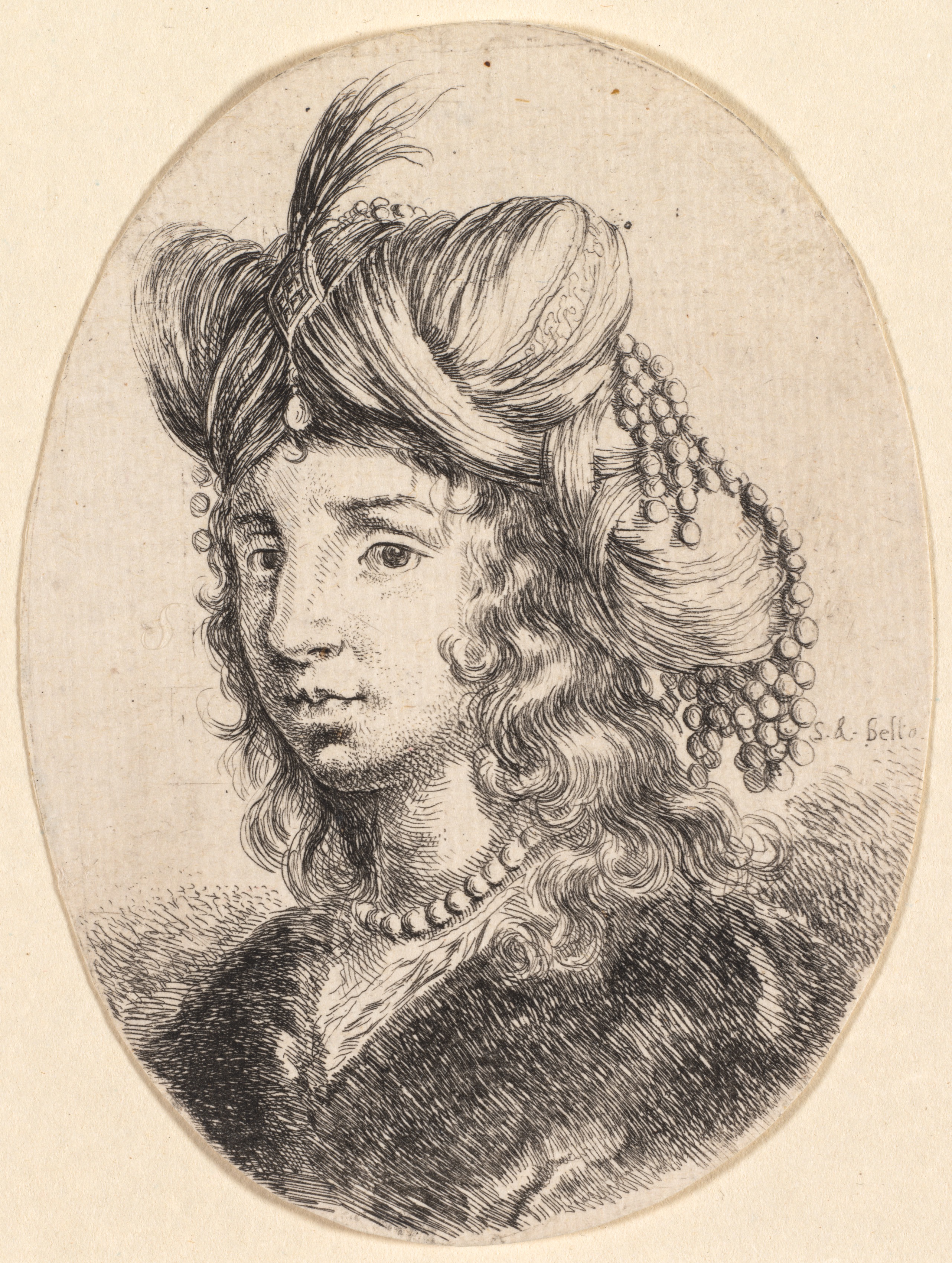 Stefano Della Bella, Several heads in the Persian style: Portrait, Sultana Wearing a Pearl Necklace and a Turban (Plusieurs têtes coiffées à la persienne)