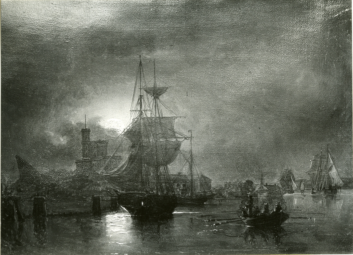 Okänd fotograf, Kastellholmen i månsken. Oljemålning 1851. Storlek 20,5 x 29 cm.