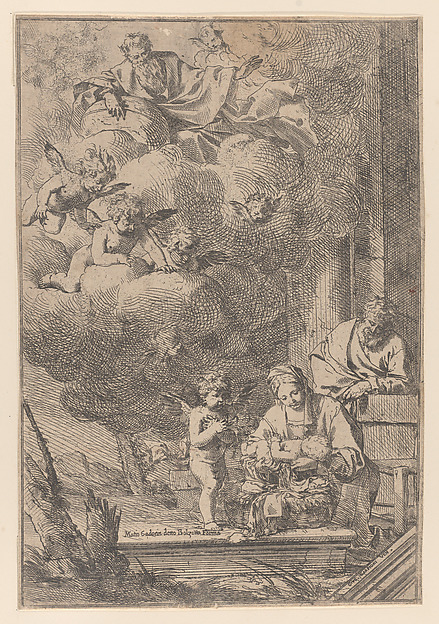 Giulio Carpioni, The Holy Family with the Virgin holding Christ over the cradle