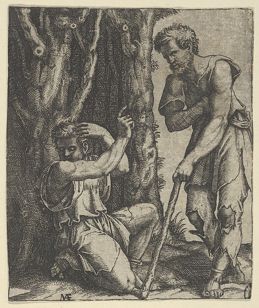 Marcantonio Raimondi, Man kneeling at the edge of a wood pointing with his right hand towards a shepherd standing in front of him leaning on a staff