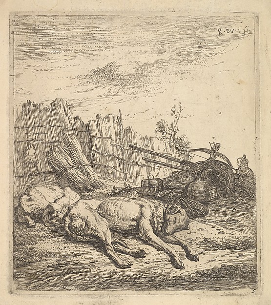 Karel Dujardin, Two dogs sleeping on the ground; a plough, farm equipment, bunches of straw, and a fence beyond