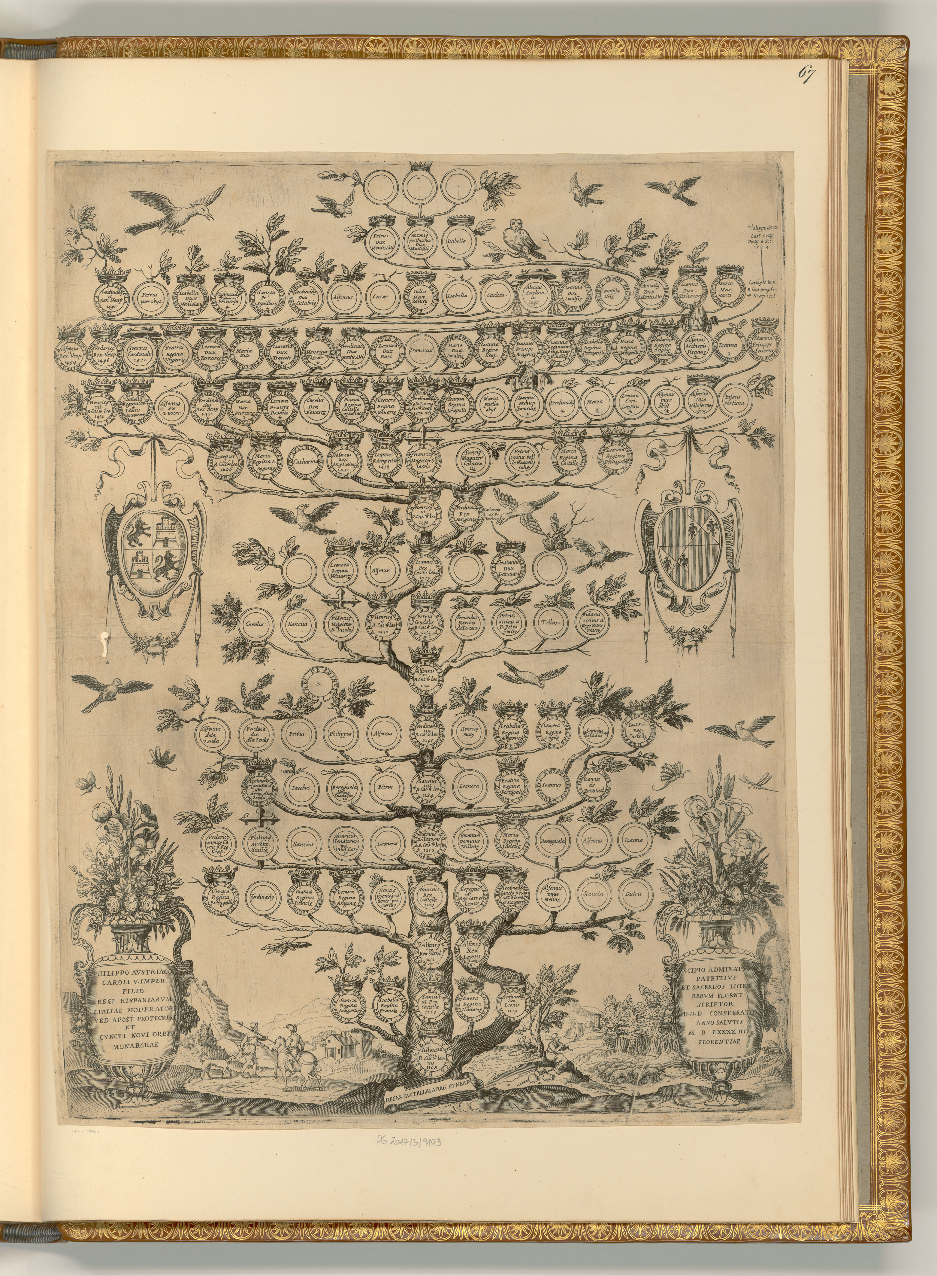 unbestimmt, Genealogischer Stammbaum der Könige von Kastilien, Aragon und Neapel, Medaillons, Porträts, Schriftzug mit Namen, Wappen