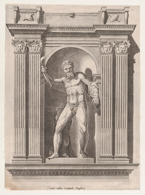 Anonymous, Sculpture of a faun standing in a niche after a statue in Scipione Borghese's villa, from "Speculum Romanae Magnificentiae"