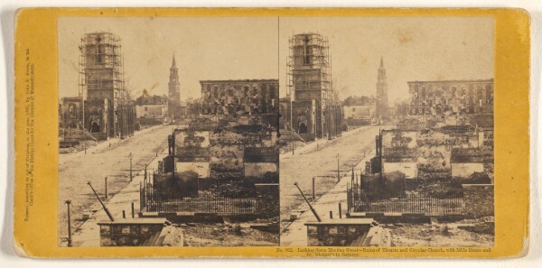 John P. Soule, Looking down Meeting Street - Ruins of Theatre and Circular Church, with Mills House and St. Michael's...[Charleston, S.C.]