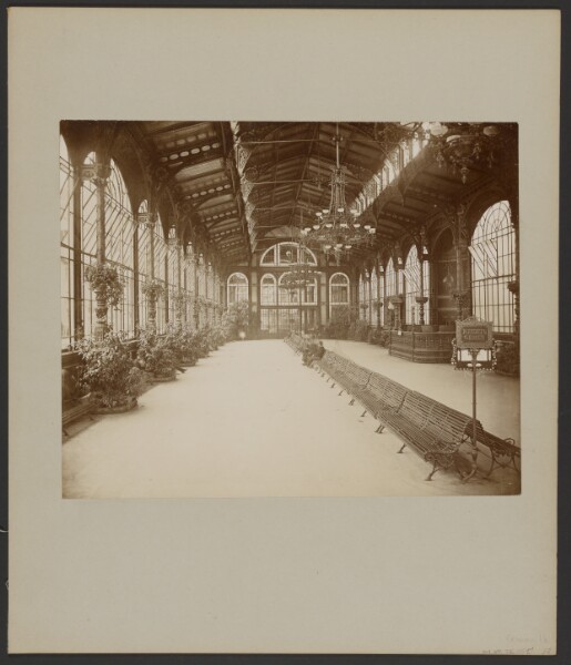 Unknown, [Interior of long, window lined building]