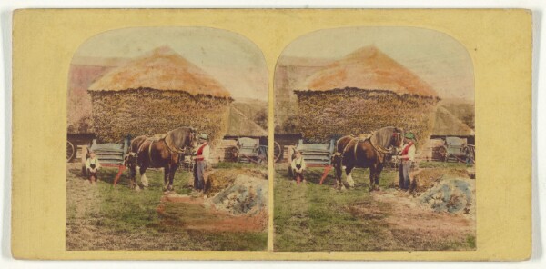 Unknown, [Farmer holding horse, large haystack in background]
