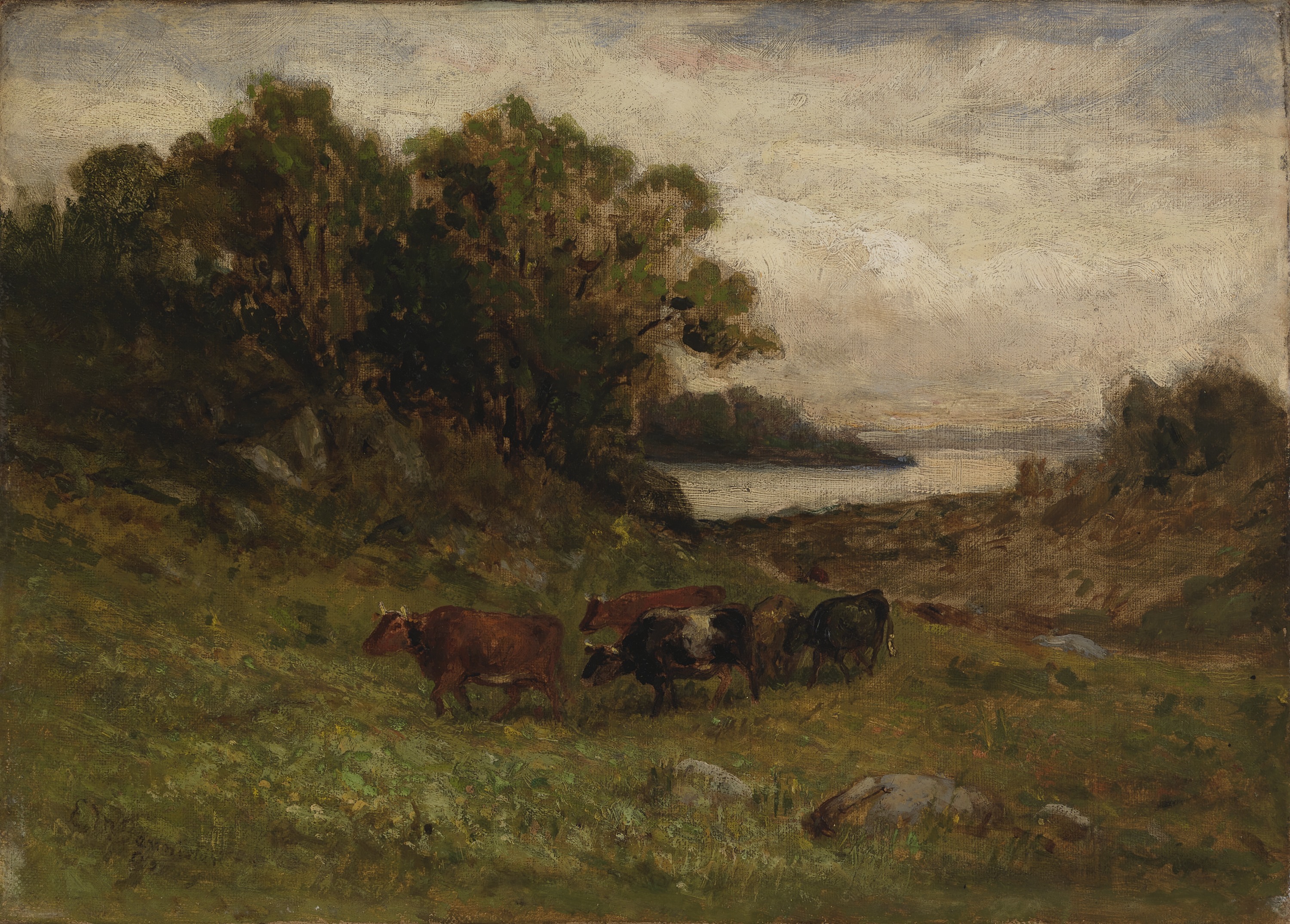 Edward Mitchell Bannister, Untitled (five cows grazing with trees and river in background)