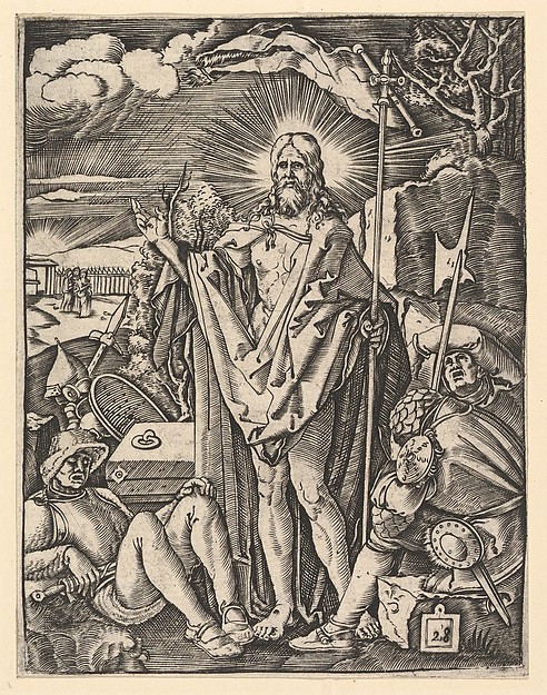 Marcantonio Raimondi, The Resurrection; Christ standing in front of a closed tomb, holding a flag and giving a blessing, guards sleeping in the foreground, from "The Passion of Christ", after Dürer