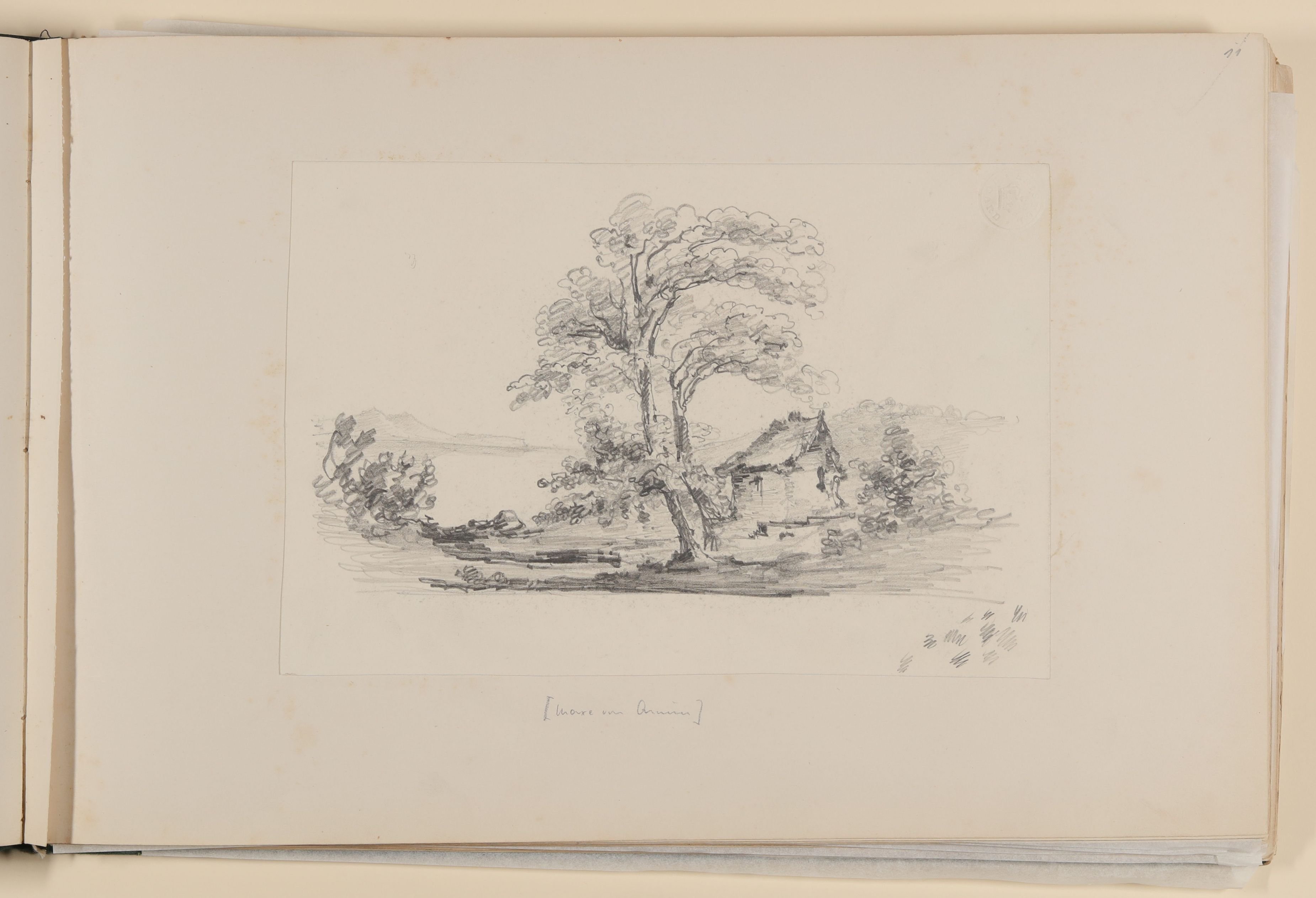 Maximiliane von Arnim, Uferlandschaft mit Bäumen und einer Hütte [aus einem Album aus dem Besitz der Bettine-Töchter]