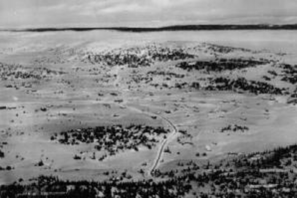 Widerøes Flyveselskap A/S, Flyfoto av Sjusjøen. Vinterlandskap med bebyggelse.