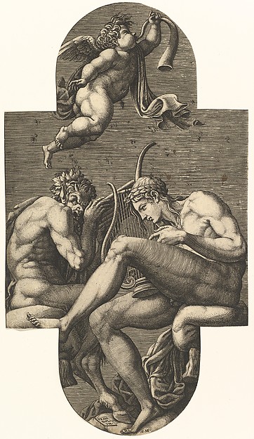 Giorgio Ghisi, Apollo, Pan, and a putto blowing a horn,  from a series of eight compositions after Francesco Primaticcio's designs for the ceiling of the Ulysses Gallery (destroyed 1738-39) at Fontainebleau