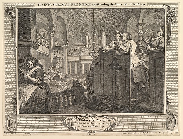 William Hogarth, The Industrious 'Prentice Performing the Duty of a Christian: IIndustry and Idleness, plate 2