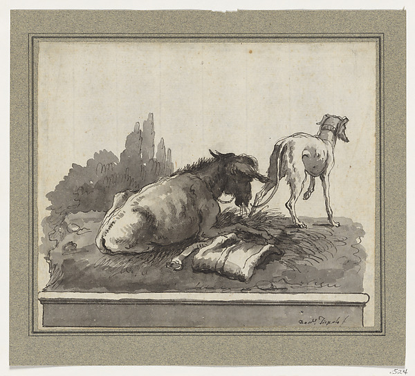 Giovanni Domenico Tiepolo, A Donkey Lying on the Grass, with an Italian Greyhound (on a Base)