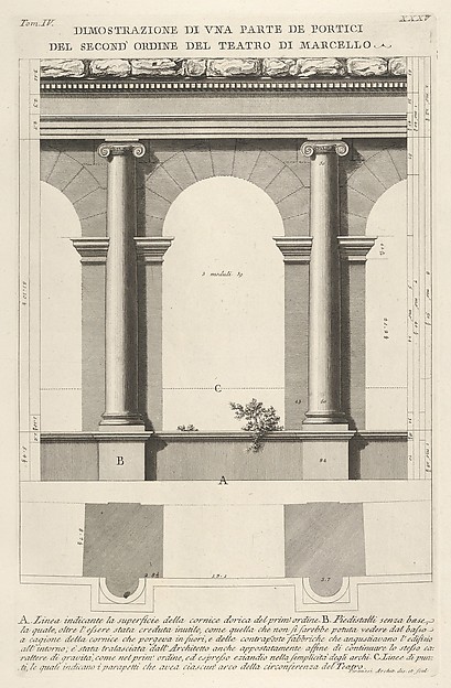 Giovanni Battista Piranesi, Elevation and plan of the second-order portico at the Theater of Marcellus (Teatro di Marcello), Rome, from "Le Antichità Romane"