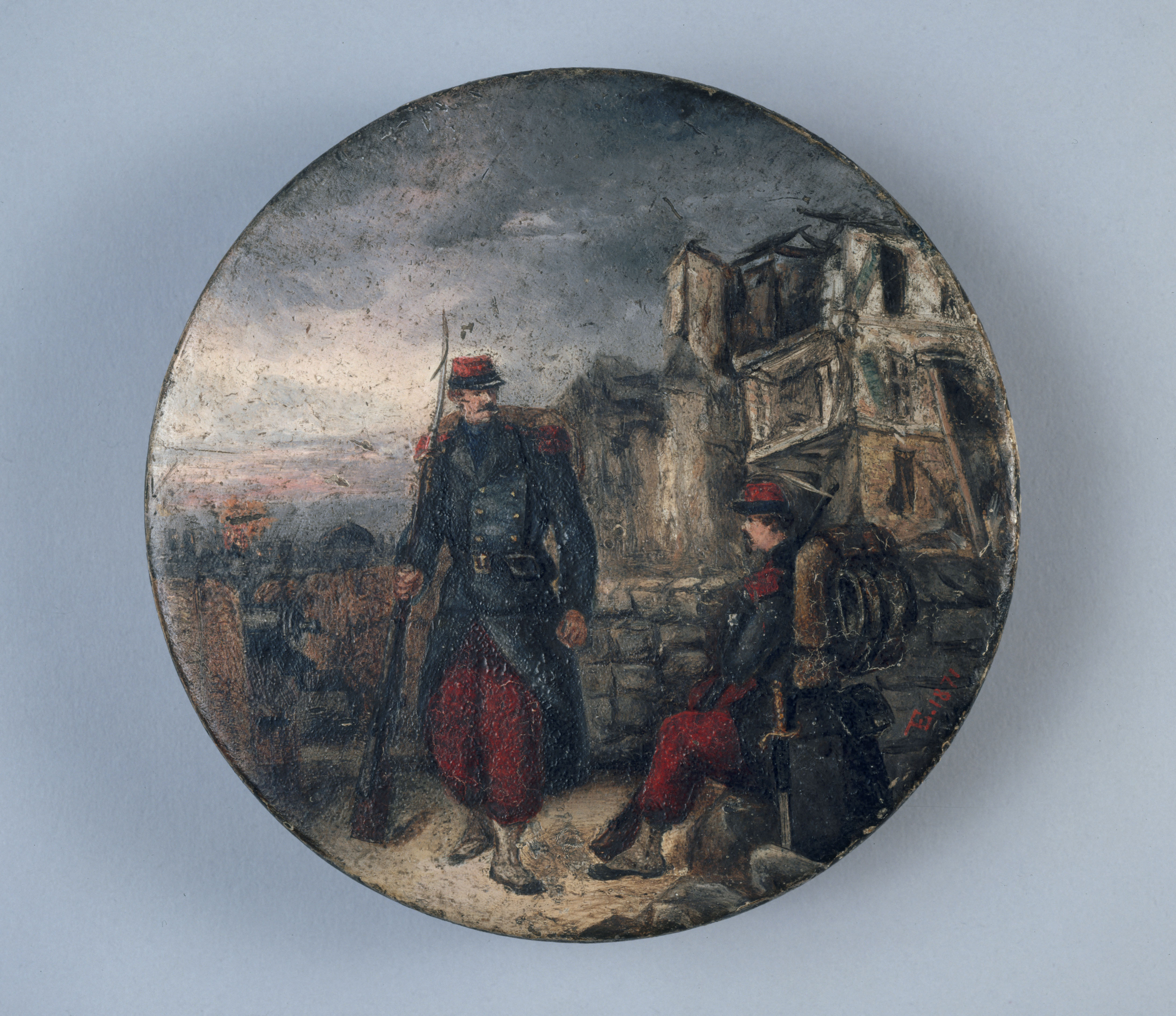 Anonyme, Deux soldats du siège de Paris, devant des maisons en ruine.