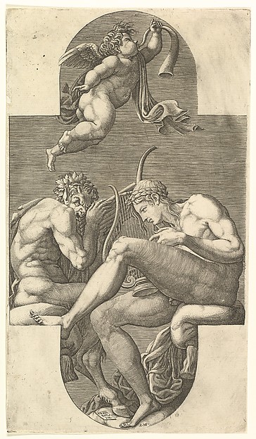 Giorgio Ghisi, Apollo, Pan, and a Putto Blowing a Horn,  a cruciform composition, from a series of eight compositions after Francesco Primaticcio's designs for the ceiling of the Gallery of Ulysses (destroyed 1738-39) at Fontainebleau