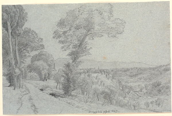 P.C. Skovgaard, Italiensk bjerglandskab med udsigt mod "Genazzano 9 Juli 1869.".