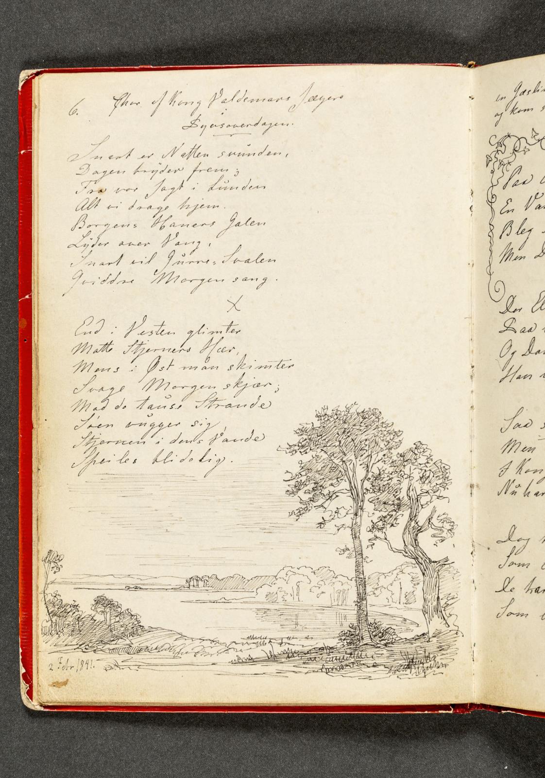 Johan Thomas Lundbye, Skovlandskab ved en kyst, med to ege i forgrunden. Hertil vers. Side 6