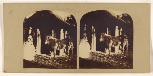 Unknown, [Woman and pony near stable]
