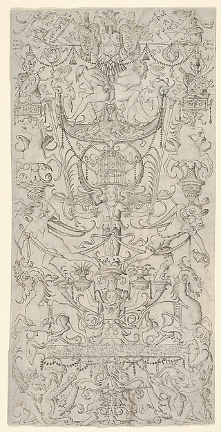 Nicoletto da Modena, Panel of ornament with a bird-cage in the centre