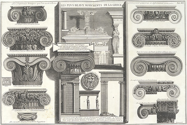 Giovanni Battista Piranesi, Various Roman Ionic capitals compared with Greek examples from Le Roy [S. Maria in Trastevere, S. Paoplo fuori le Mura, S. Clemente, etc.], tab. 20 from "Della Magnificenza e d'Architettura de'Romani" (On the Grandeur and the Architecture of the Romans by Gio. Battista Piranesi, Fellow of the Royal…