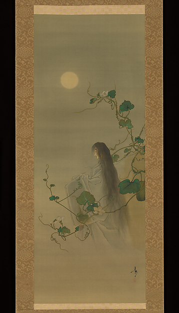 Tsukioka Yoshitoshi, The Spirit of the Deceased Yūgao Entwined in Moonflower Vines, based on the print “The Lady of the Evening Faces,” from the series One Hundred Aspects of the Moon (Tsuki hyakushi: Genji Yūgao no maki)