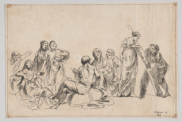Anonymous, A group of nine women, one at center holds a baby and one at right holds a shepherdess's crook