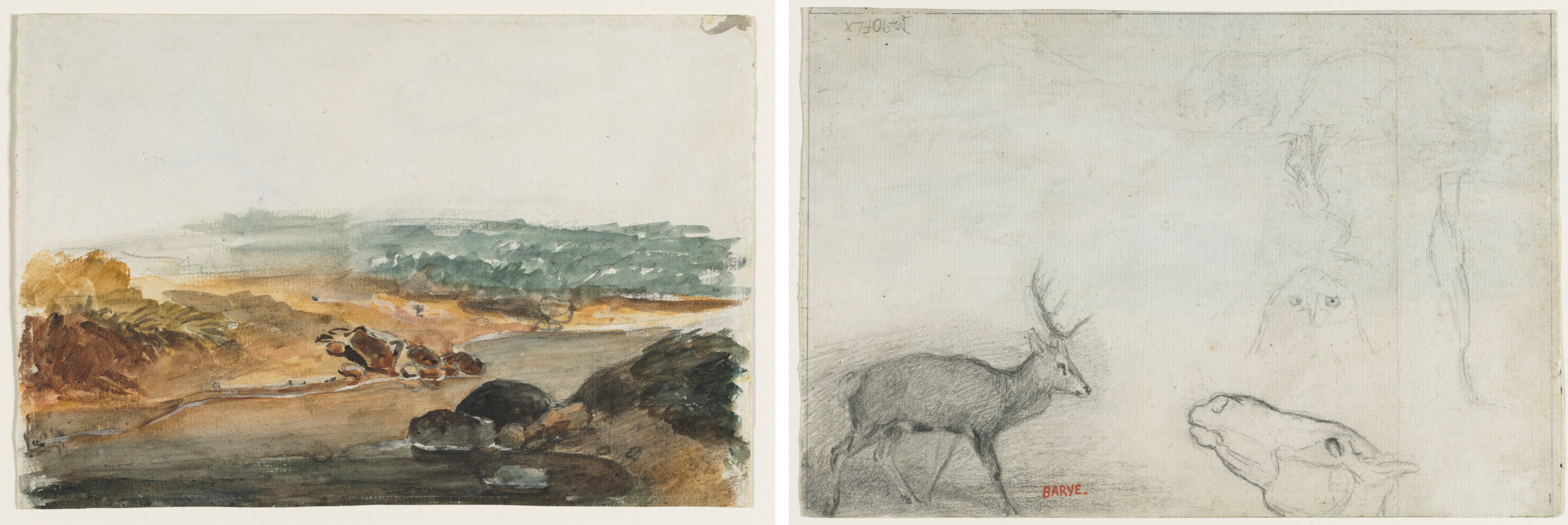 Antoine-Louis Barye, Landscape (recto); Studies of Animals (verso)
