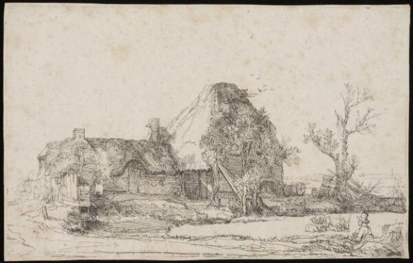 Rembrandt van Rijn, Cottages and farm buildings with a man sketching