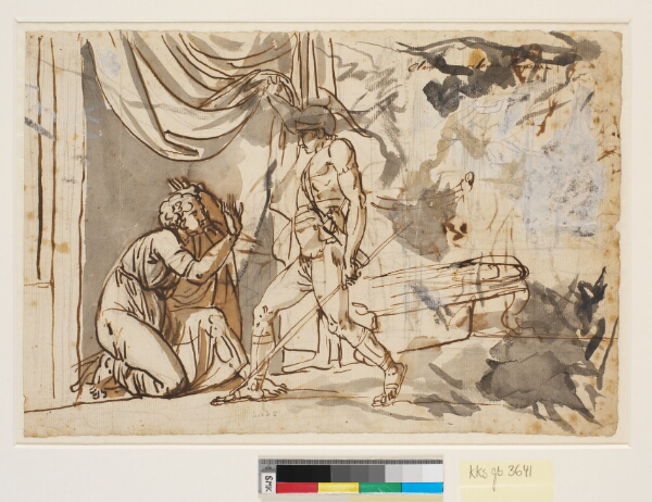 Nicolai Abildgaard, En soldat finder Claudius, der frygter for at blive kejser, gemt bag et gardin