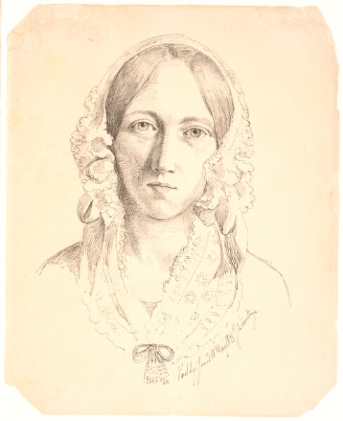 Johan Thomas Lundbye, Portræt af en ung kvinde, en face. Muligvis forestillende Louise Marie Neergaard (1816-1895)