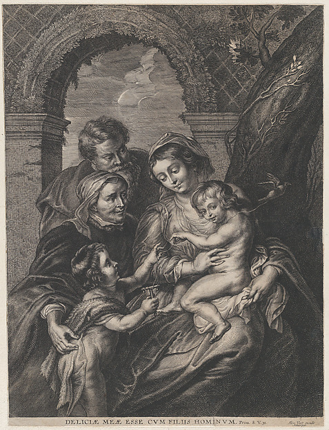 Anonymous, The Holy Family with Saint Elizabeth and the infant Saint John the Baptist, holding a bird on a string
