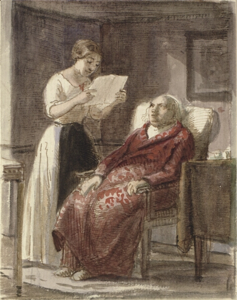 Wilhelm Marstrand, En ung pige læser et brev højt for en gammel mand i rød slåbrok