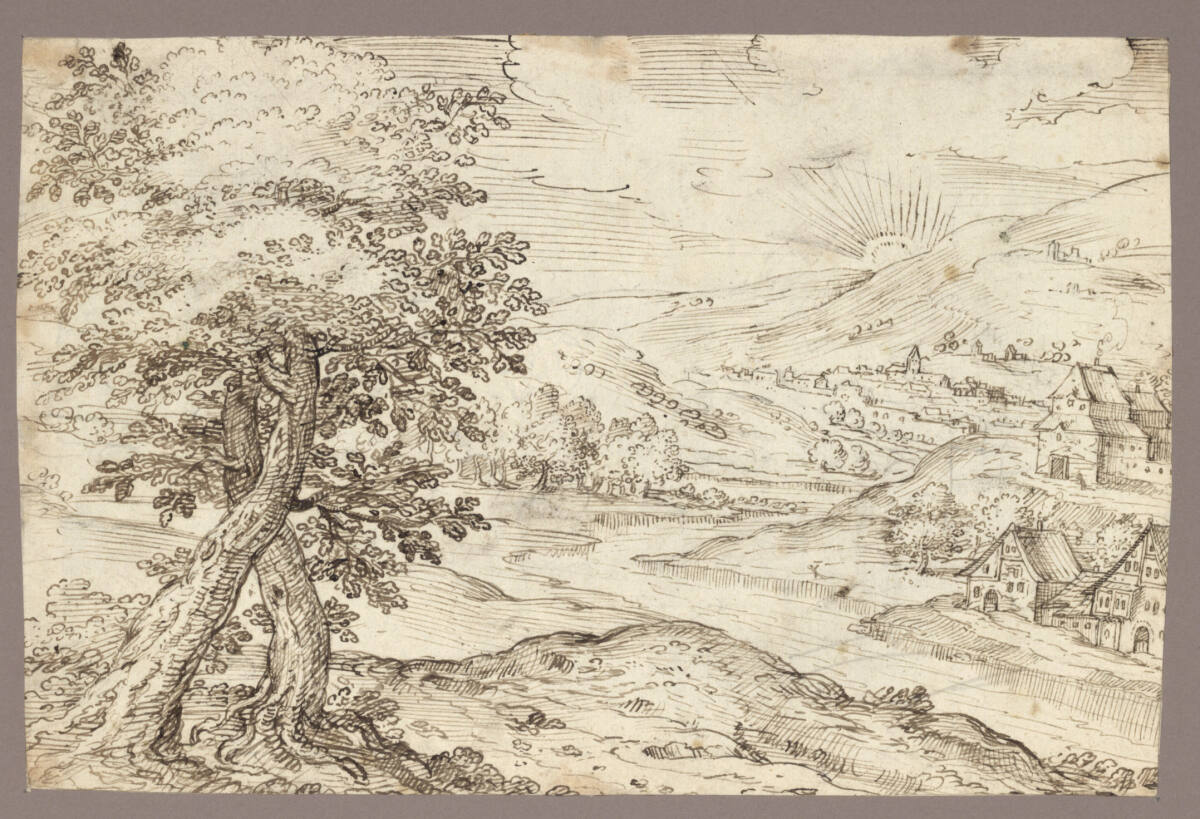 Anonym, Flußlandschaft mit aufgehender Sonne (links zwei gekreuzte Bäume)