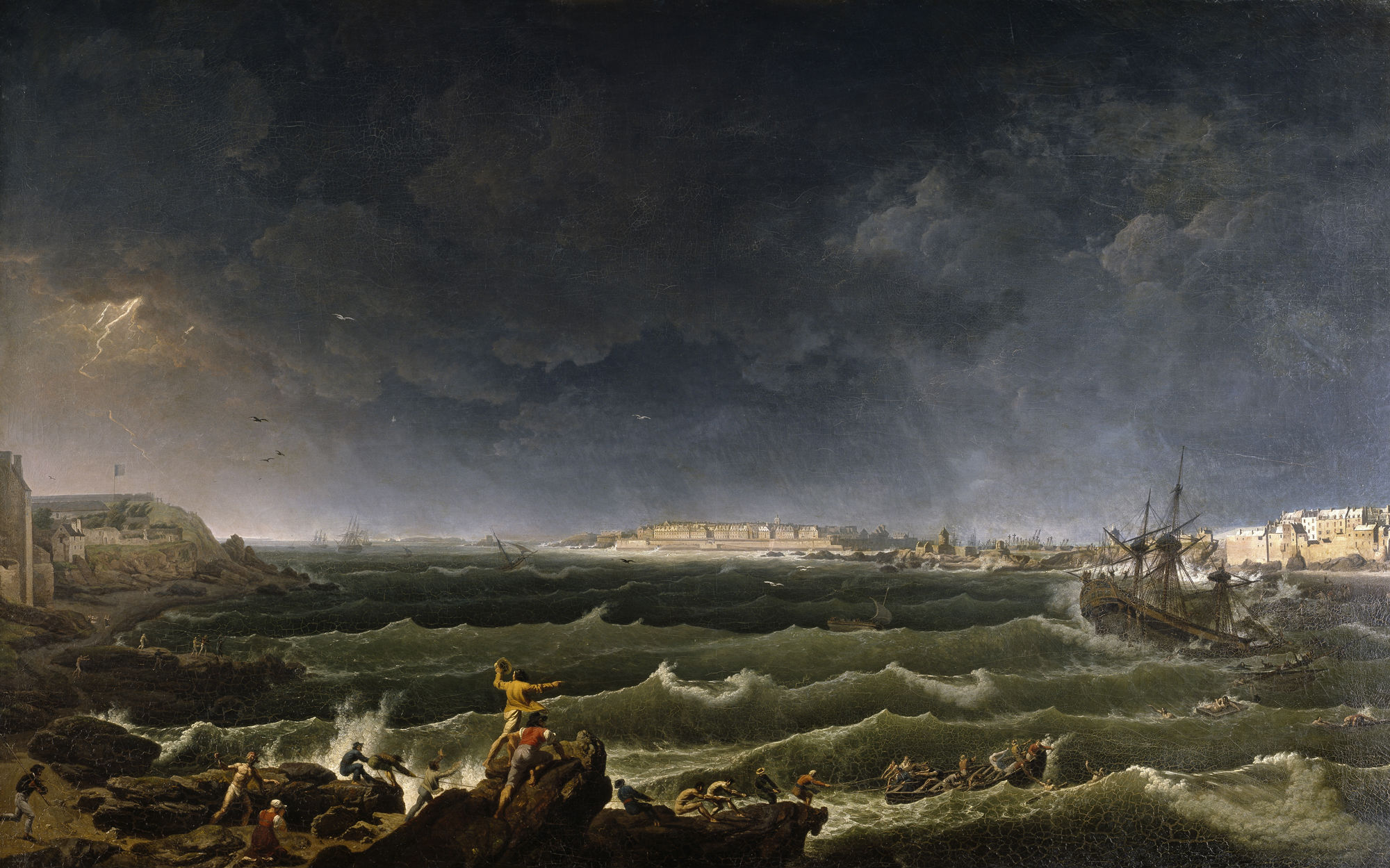 Jean-François Hue, Vue de la ville, de la rade et du port de Saint-Malo, prise de l'anse des Sablons à Saint-Servan, au moment du naufrage d'un vaisseau par une tempête, 1798