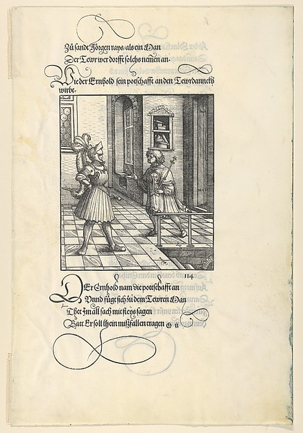 Hans Burgkmair, Ehrenhold Delivering Ehrenreich's Message to Theuerdank, from [Theuerdank] Die geuerlicheiten vnd einsteils der geschichten des loblichen streytparen vnd hochberümbten helds vnd Ritters herr Tewrdannckhs