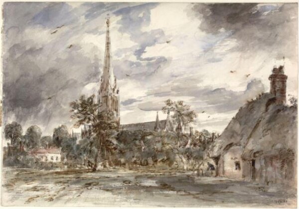 Constable, John (RA), Salisbury Cathedral seen from the north-west, with cottages