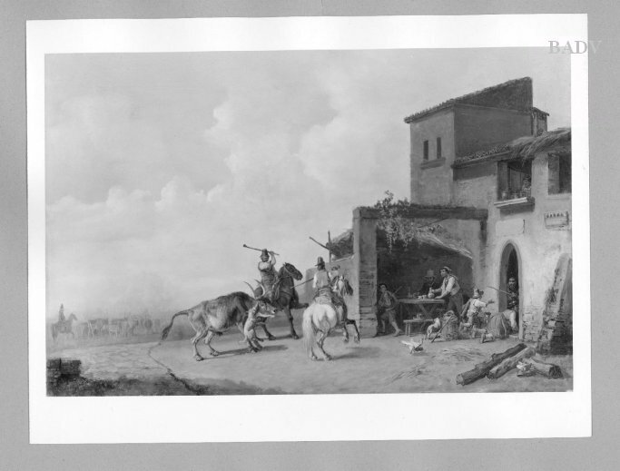 Heinrich Bürkel, Wilder Stier und zwei Reiter vor einer italienischen Schenke