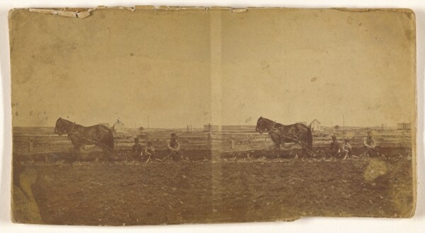 Unknown, [Horse and plow in field, three men on ground]
