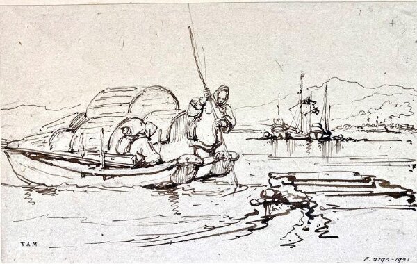 George Chinnery, Tanka boats and boatwomen at the water's edge, Macau