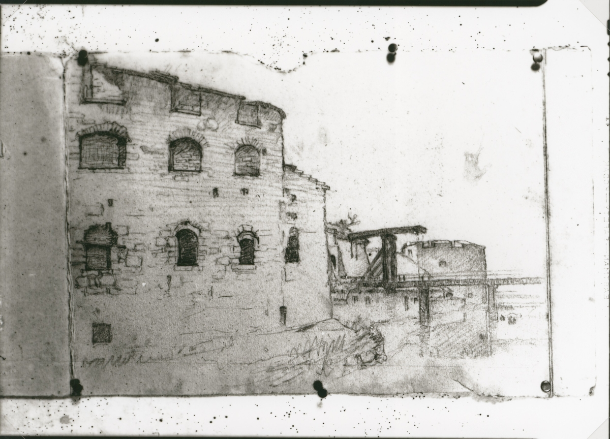 Walter Olson, Kalmar slott tecknat av Ivan Hoflund. Norra postejen i förgrunden och västra i bakgrunden.