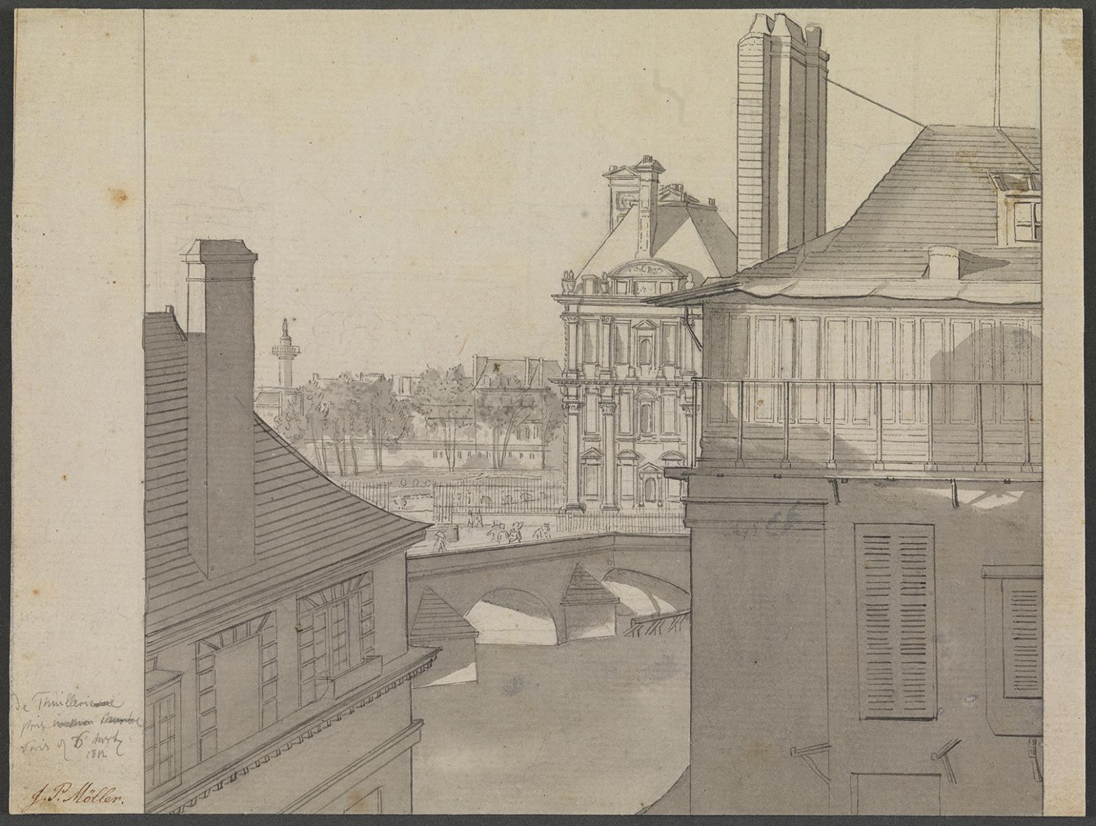 J.P. Møller, Udsigt fra J.P. Møllers bolig i Hôtel d'Irlande, Rue de Beaune nr. 3, over Seinen mod Tuillerierne og Rue de Rivoli, Paris 6. marts 1812