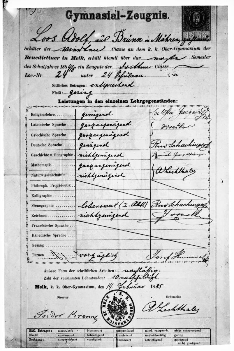 Anonym, Gymnasial-Zeugnis für Adolf Loos
