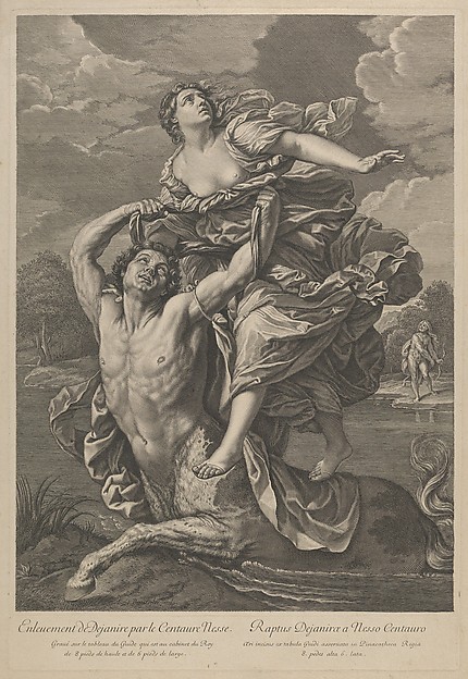 Anonymous, Dejanira being abducted by the centaur Nessos, a man with bow and arrow at right, after Reni