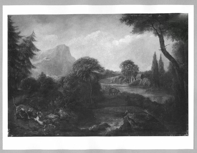 Johann Melchior Roos, landscape with river tigers, elefant and ostrich