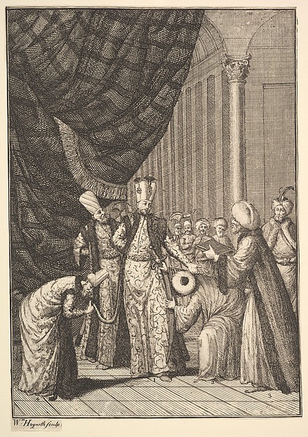 William Hogarth, Sultan Ahmed III Crowned in the Mosque at Eyups (Aubry de La Mottraye's "Travels throughout Europe, Asia and into Part of Africa...,"  London, 1724, vol. I, pl. 17B)