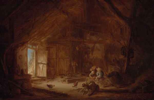 Isaac van Ostade, Interior of a Stable with three Children
