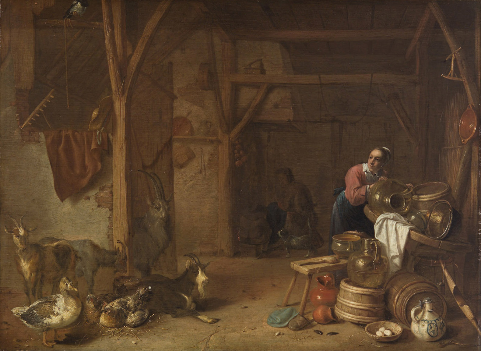 Cornelis Saftleven, Farmer's interior with a cleaning girl