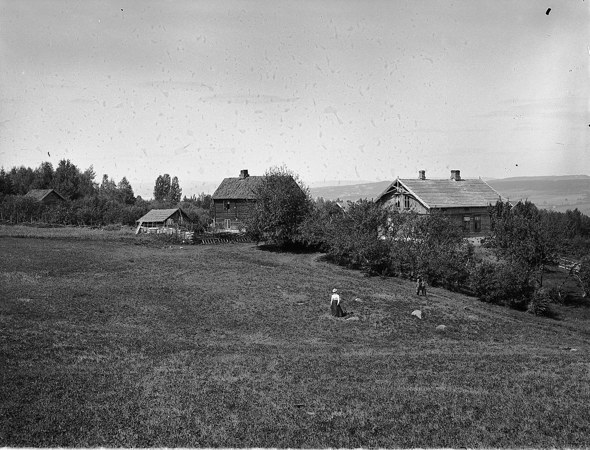 Martin Finborud, Gardsbruk, Bakkerud, Helgøya. Dame og 2 barn i forgrunn. Den gamle føderådsbygning i tømmer , stabbur, uthus og hovedbygningen fra 1898..